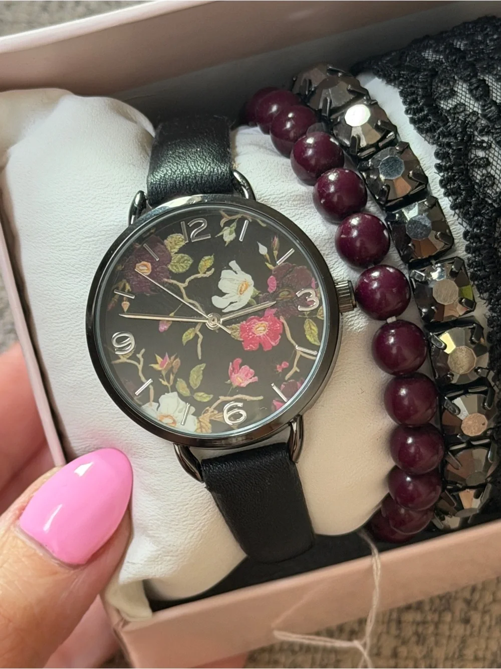 New Floral Watch & 4 Bracelet Stack Set Black Burgundy Rhinestone Lace